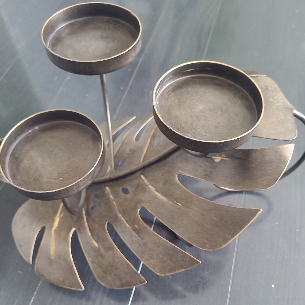 Monstera Leaf 3 Candle Holder Tropical Metal Table Centerpiece Boho Decor